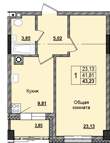 1 комн., 42.67 м²