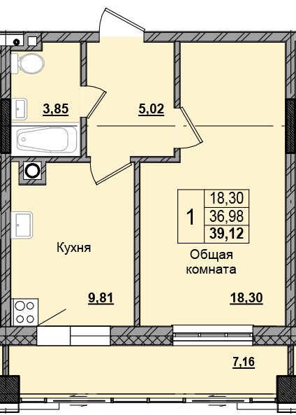 1 комн., 39.07 м²