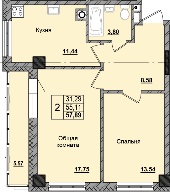 2 комн., 57.89 м²