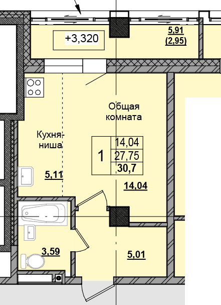 1 комн., 30.92 м²
