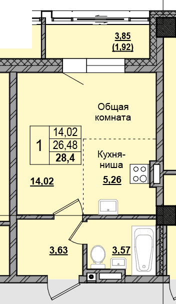 1 комн., 28.55 м²