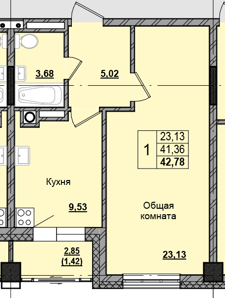 1 комн., 42.82 м²