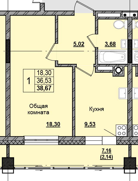 1 комн., 38.72 м²