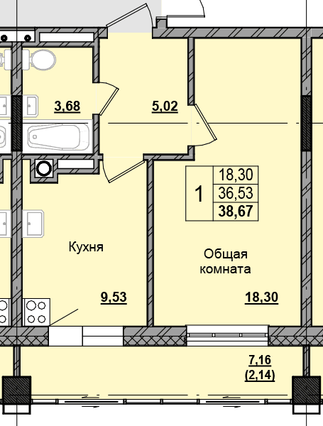 1 комн., 38.73 м²