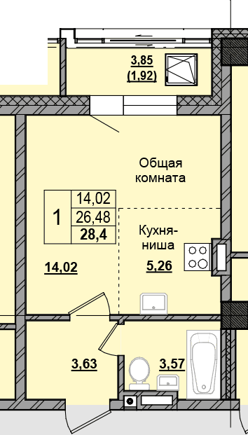 1 комн., 28.45 м²