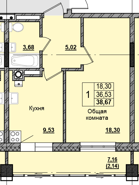 1 комн., 38.58 м²