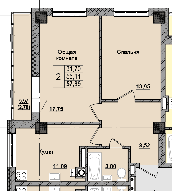 2 комн., 57.66 м²