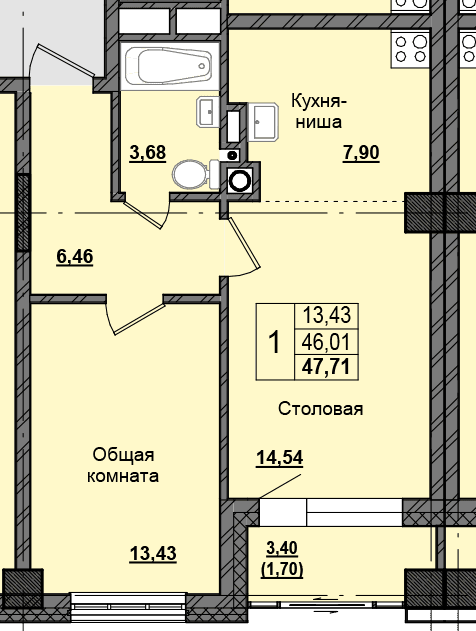 1 комн., 47.31 м²