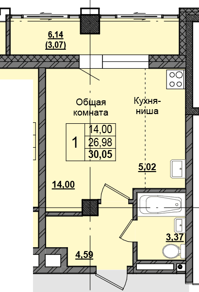 1 комн., 29.79 м²
