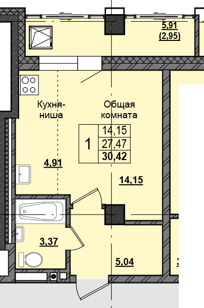1 комн., 29.88 м²