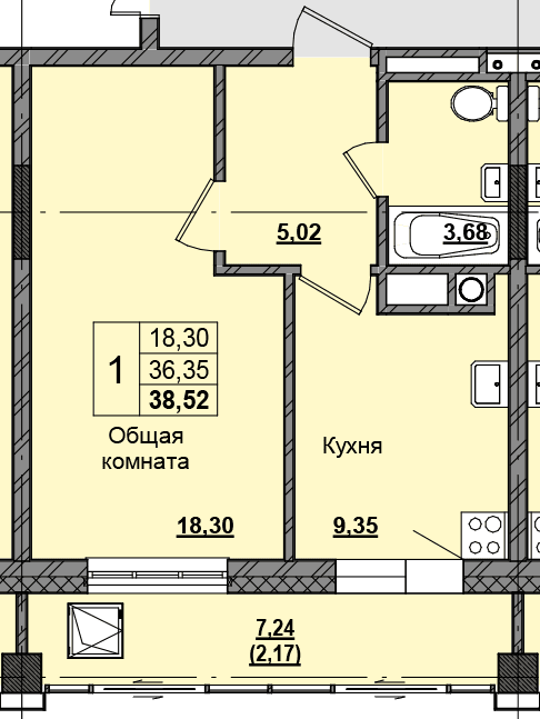 1 комн., 38.44 м²