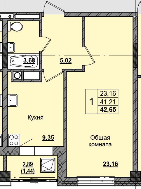 1 комн., 42.61 м²