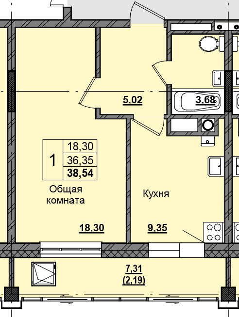 1 комн., 38.46 м²