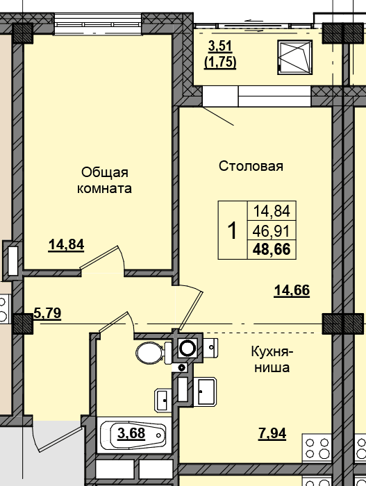 1 комн., 48.15 м²
