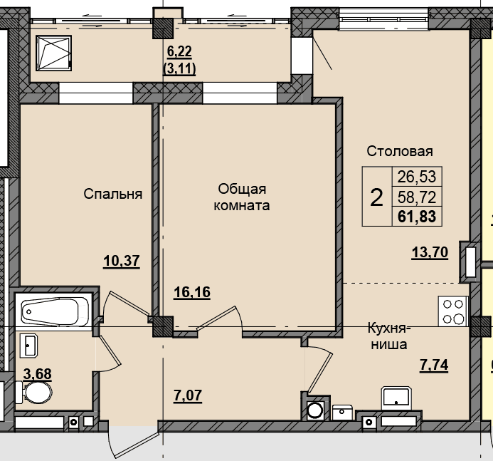 2 комн., 61.32 м²