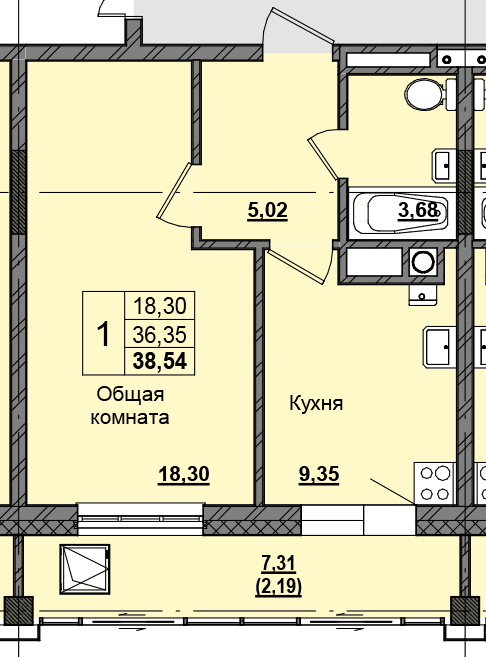 1 комн., 38.46 м²