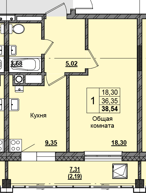 1 комн., 38.46 м²