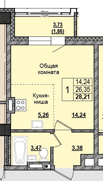 1 комн., 28.35 м²