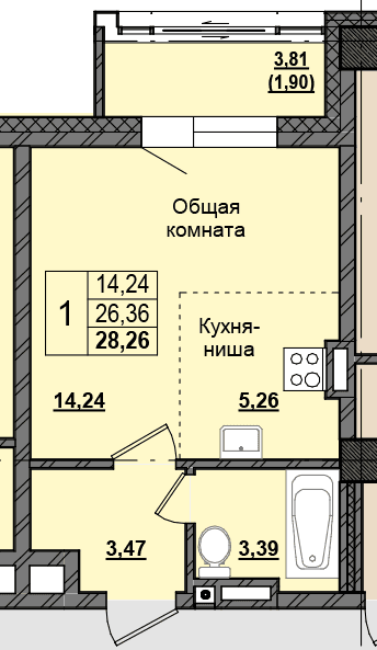 1 комн., 28.09 м²