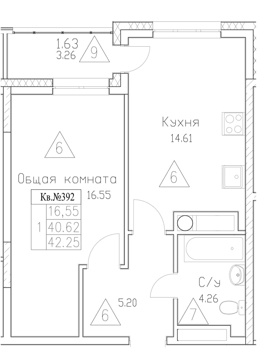 1 комн., 42.25 м²