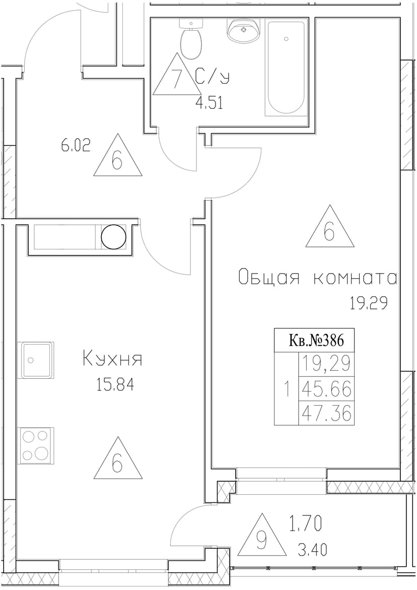 1 комн., 47.36 м²