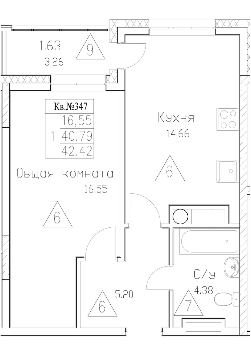 1 комн., 42.42 м²