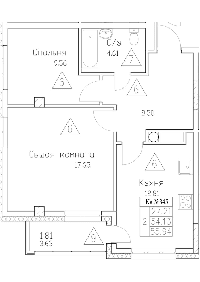 2 комн., 55.94 м²