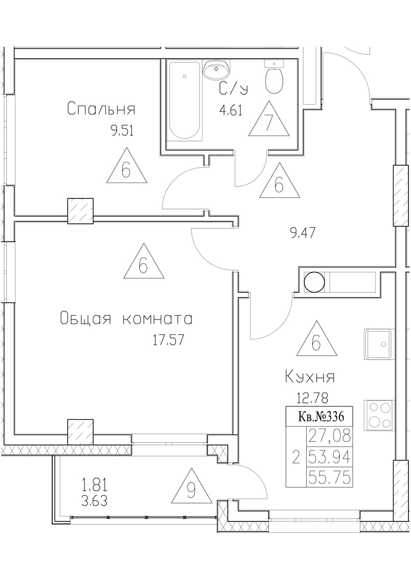 2 комн., 55.65 м²