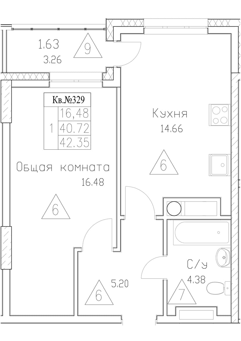 1 комн., 42.35 м²