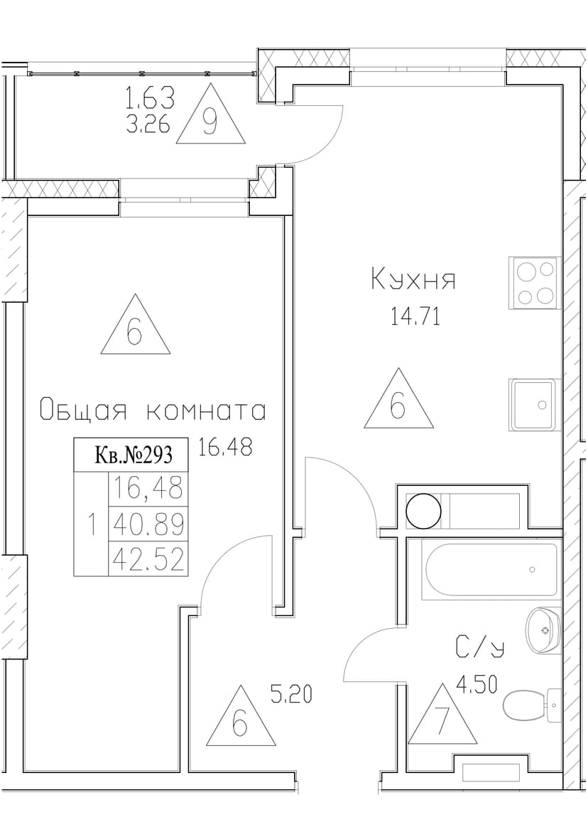1 комн., 42.52 м²