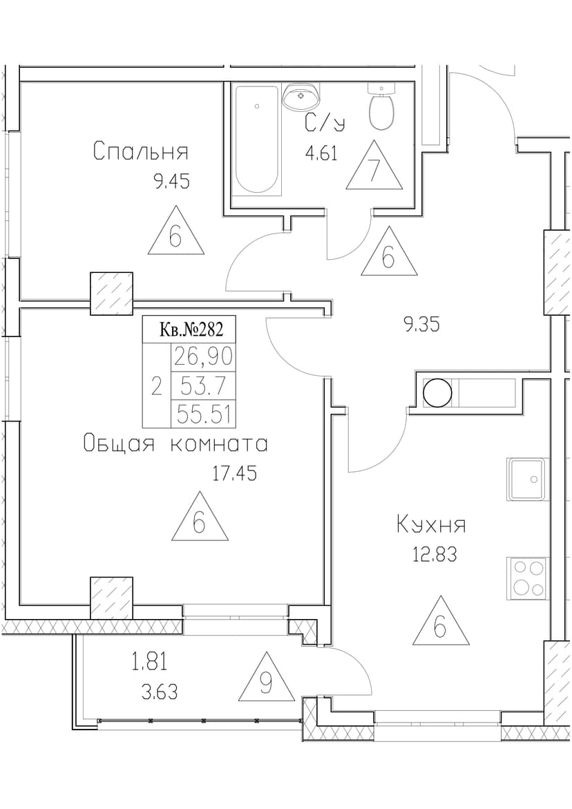 2 комн., 55.51 м²