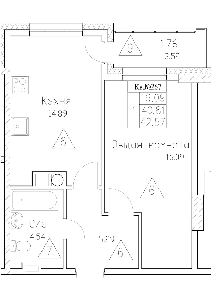 1 комн., 42.57 м²