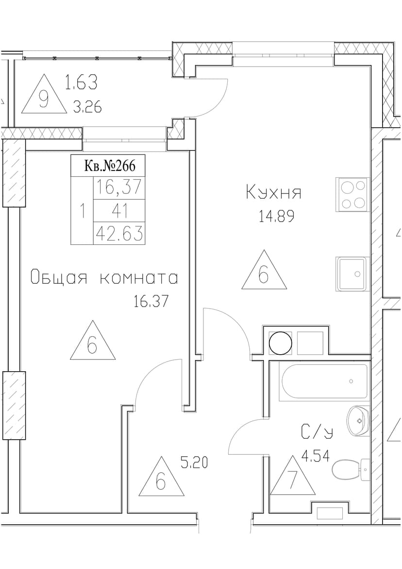 1 комн., 42.63 м²