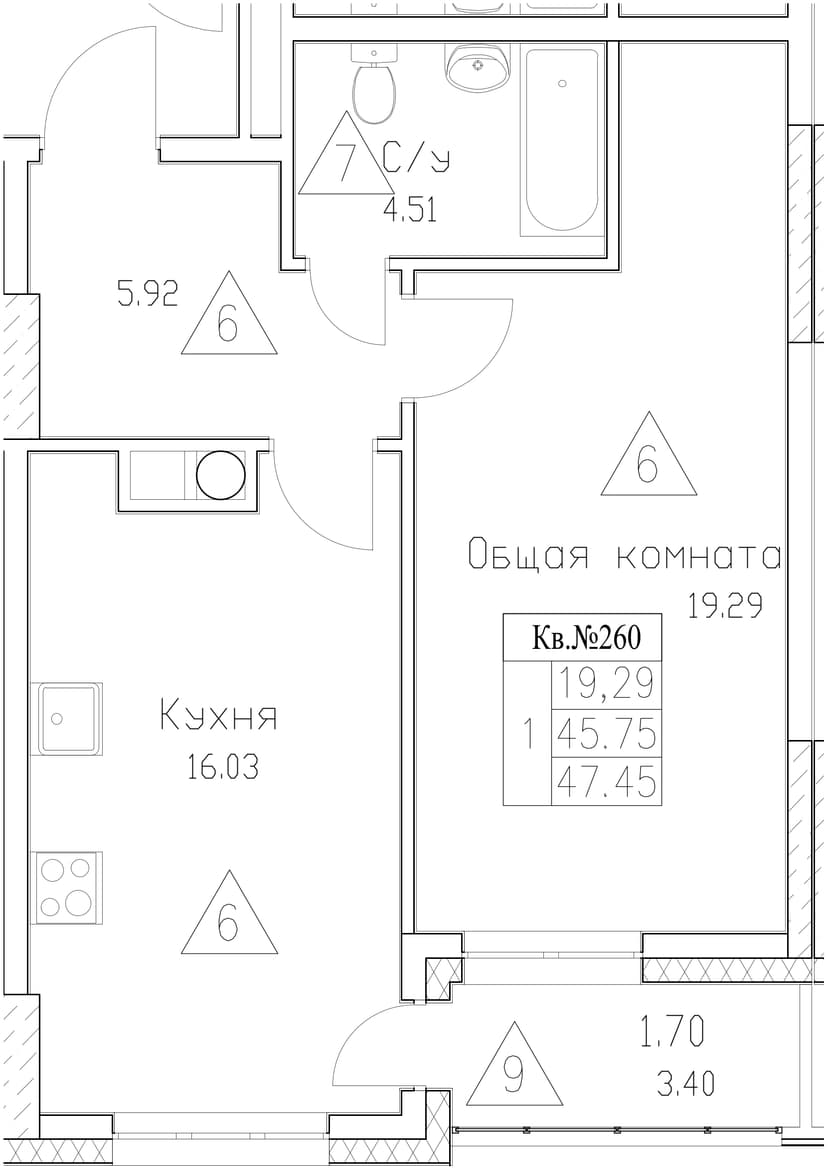 1 комн., 47.45 м²