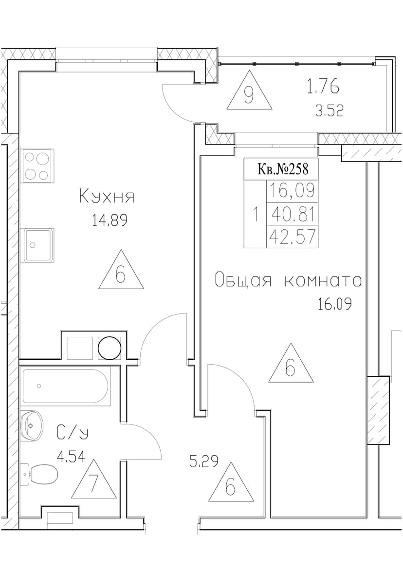 1 комн., 42.57 м²