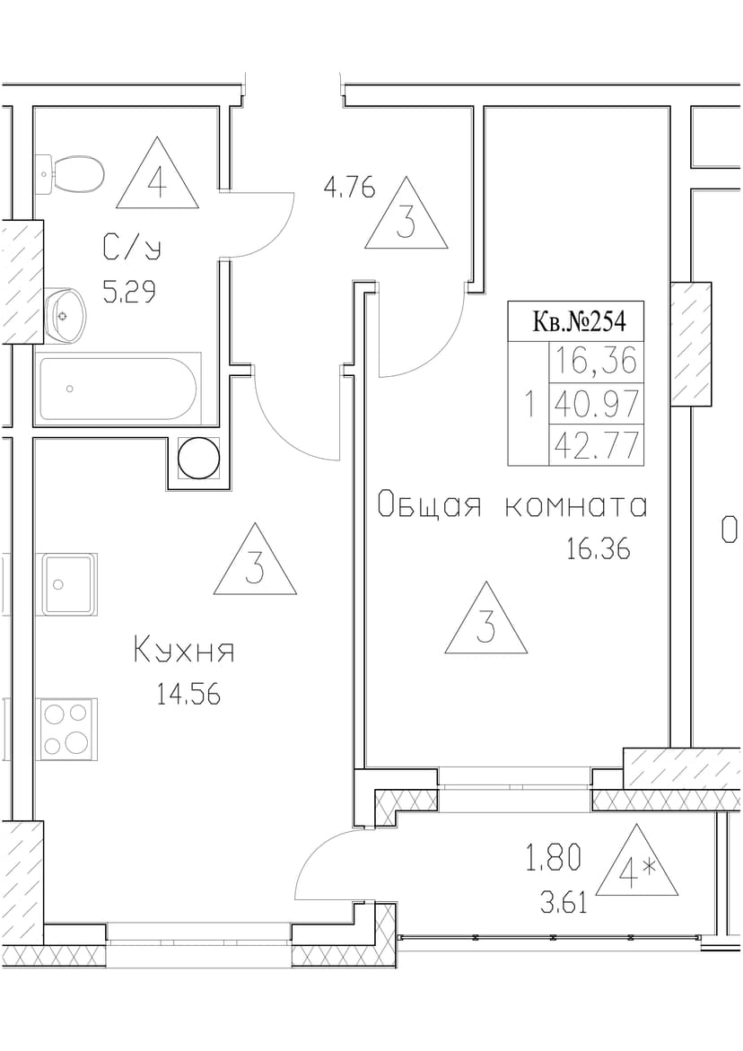 1 комн., 42.77 м²