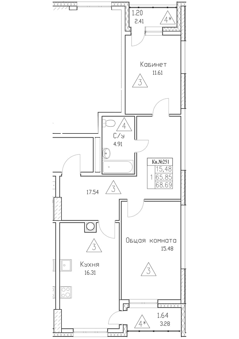 1 комн., 68.69 м²