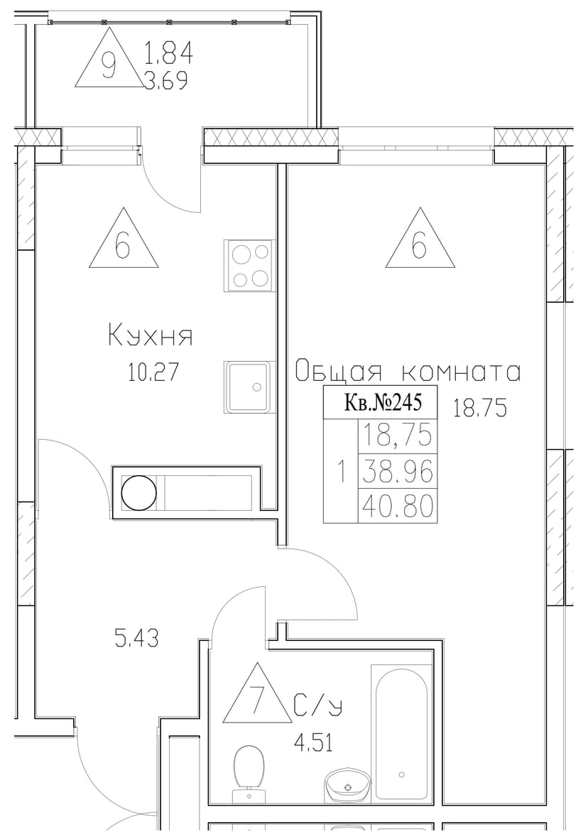 1 комн., 40.80 м²