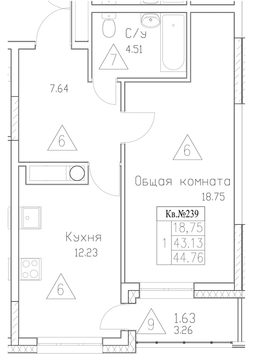 1 комн., 44.76 м²