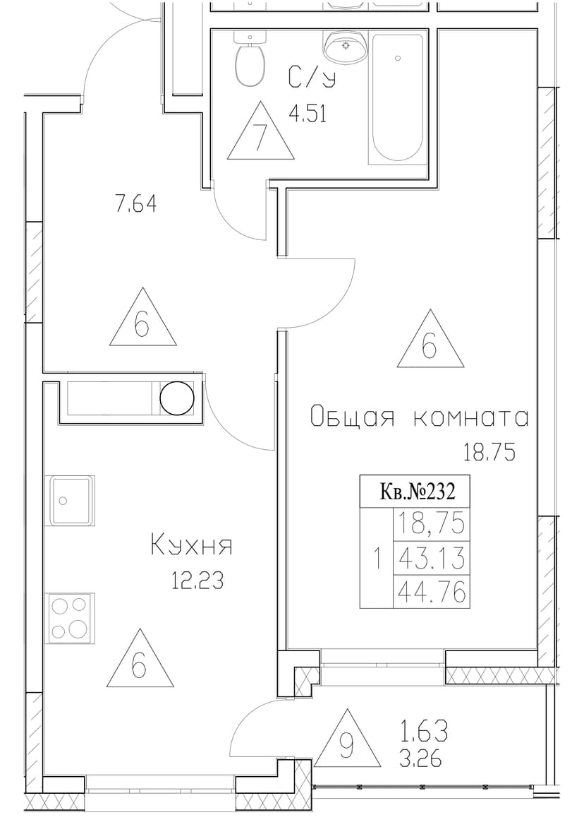 1 комн., 44.76 м²