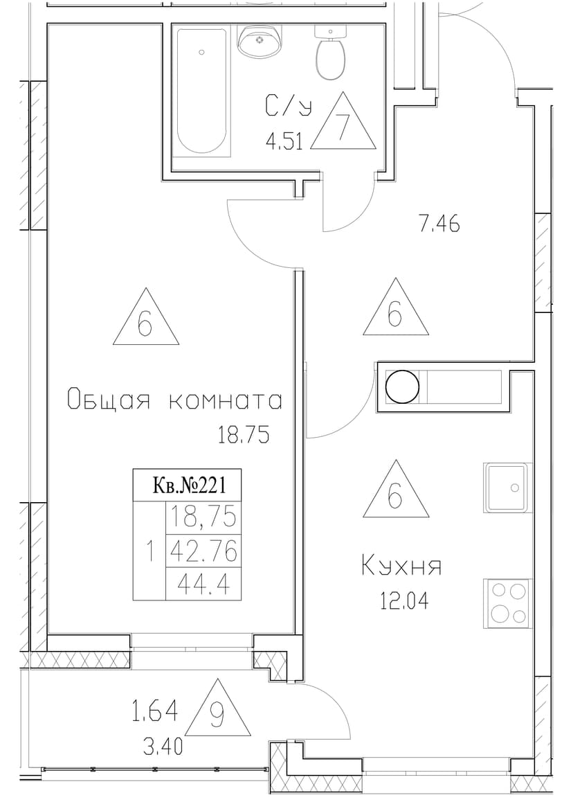 1 комн., 44.40 м²