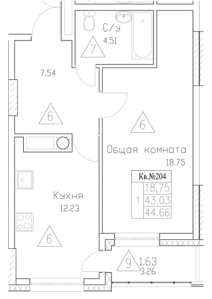 1 комн., 44.66 м²