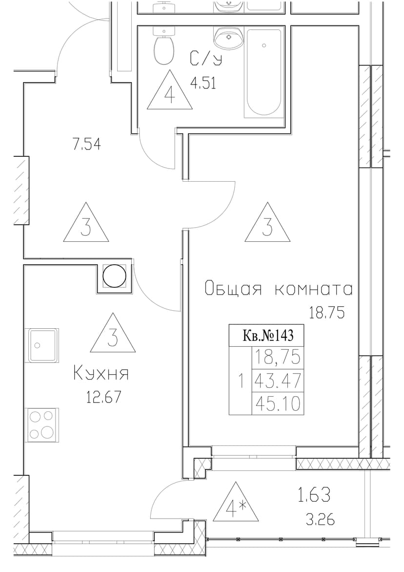 1 комн., 45.10 м²