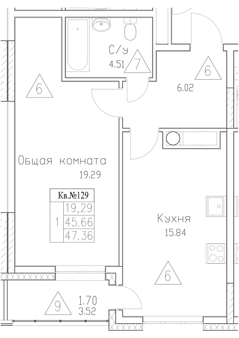 1 комн., 47.36 м²
