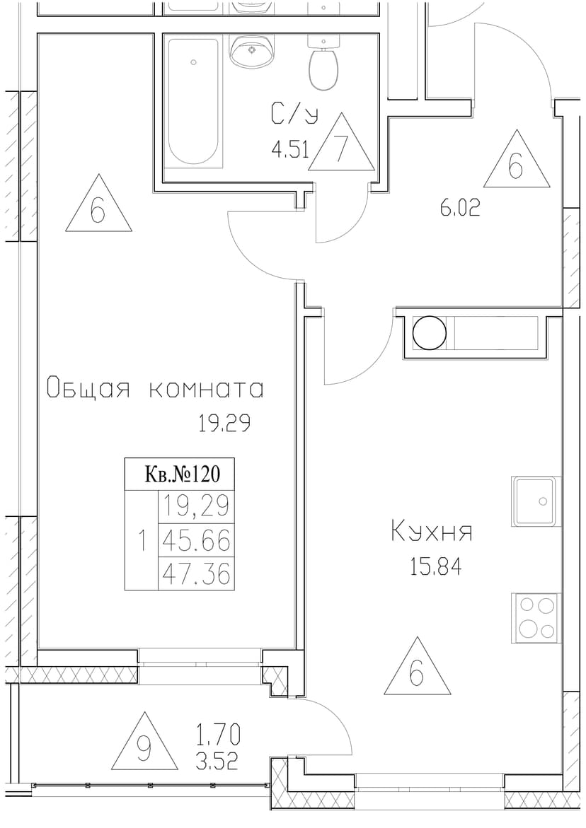 1 комн., 47.36 м²