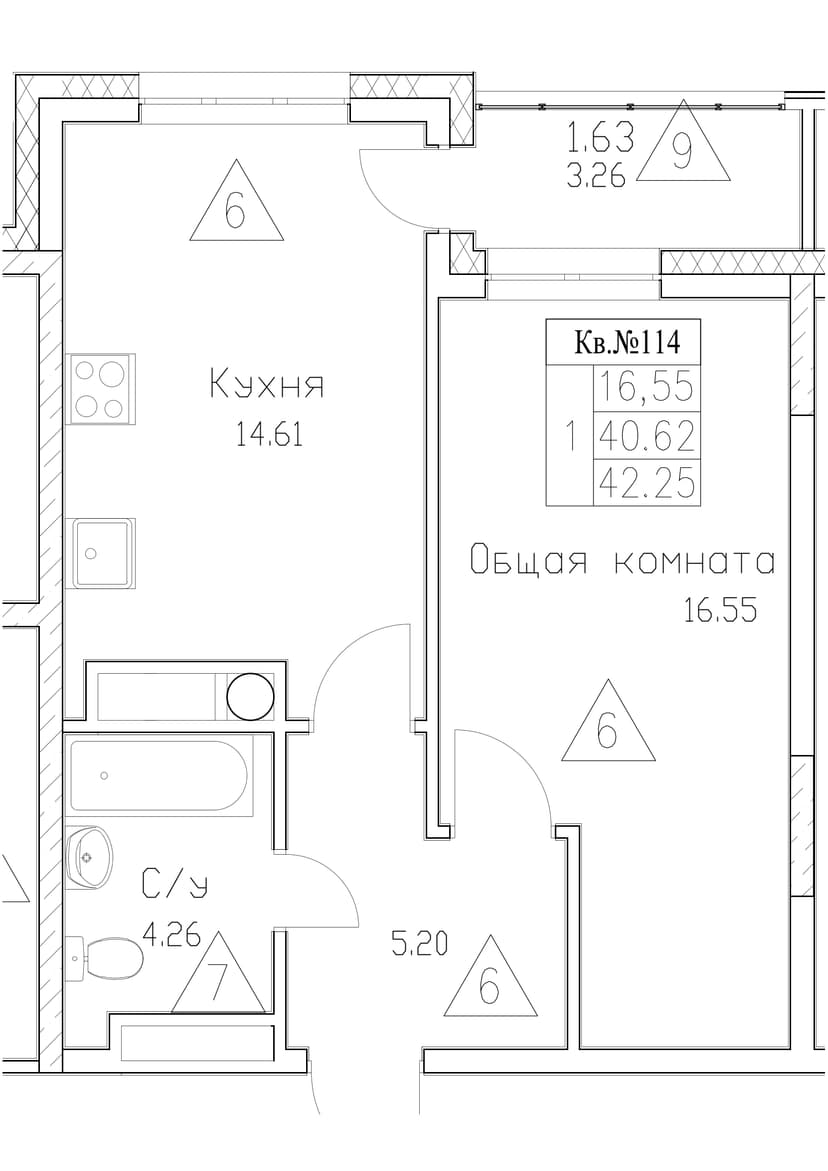 1 комн., 42.25 м²