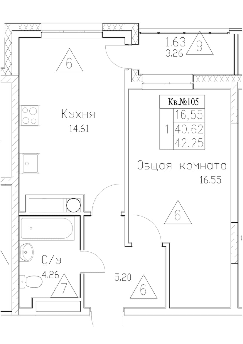 1 комн., 42.25 м²