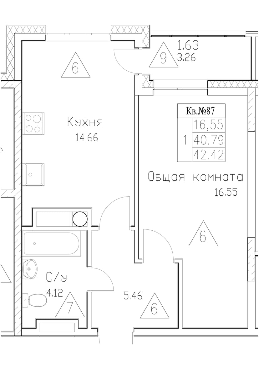1 комн., 42.42 м²