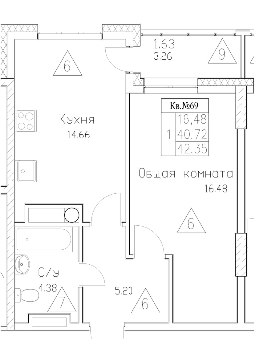 1 комн., 42.35 м²