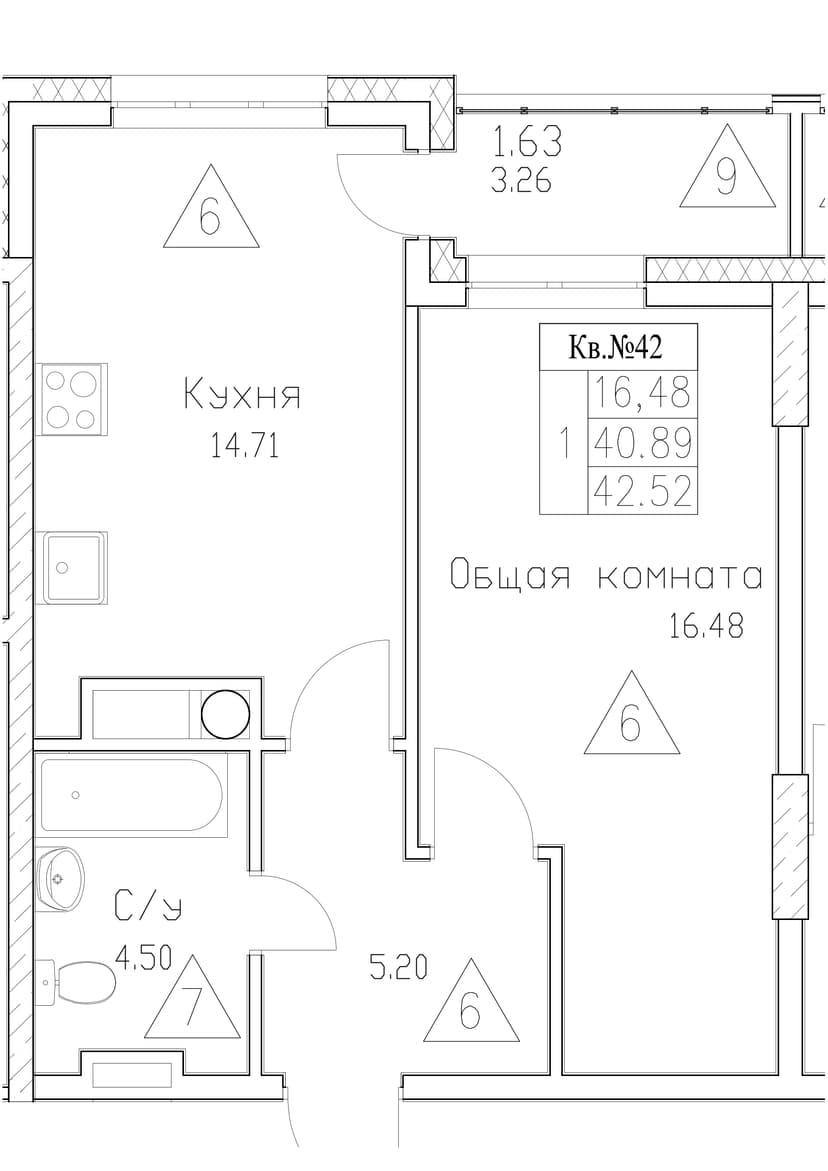 1 комн., 42.52 м²